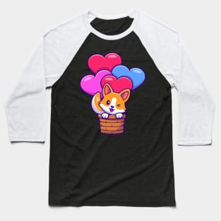 Cute Corgi Dog Flying With Love Balloon Cartoon Baseball T-Shirt